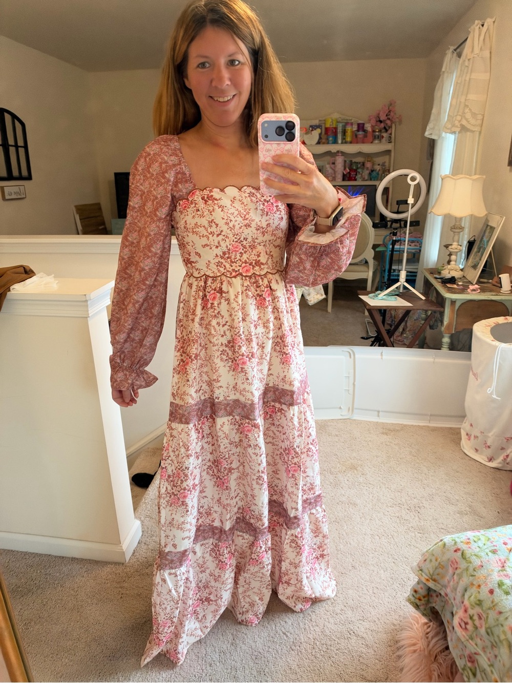 NWOT Rareraw Floral Long Sleeve Smocked Bodice Maxi Dress - Pink/White